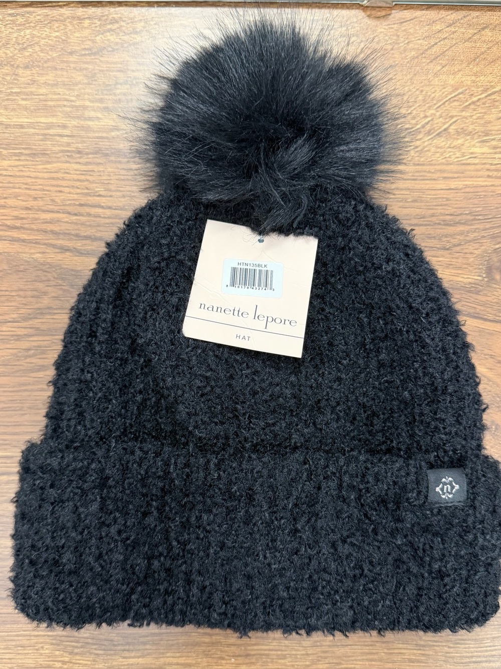 NWT Nanette Lepore Black Faux Fur Pom Pom Beanie One Size